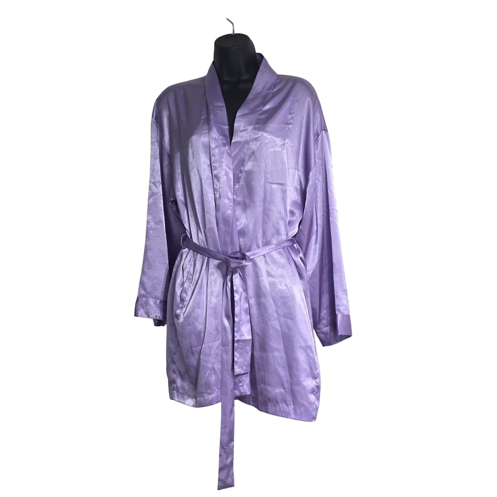 Victorias Secret Lavender Purple Satin Kimono Robe One Size Long Sleeve Belted